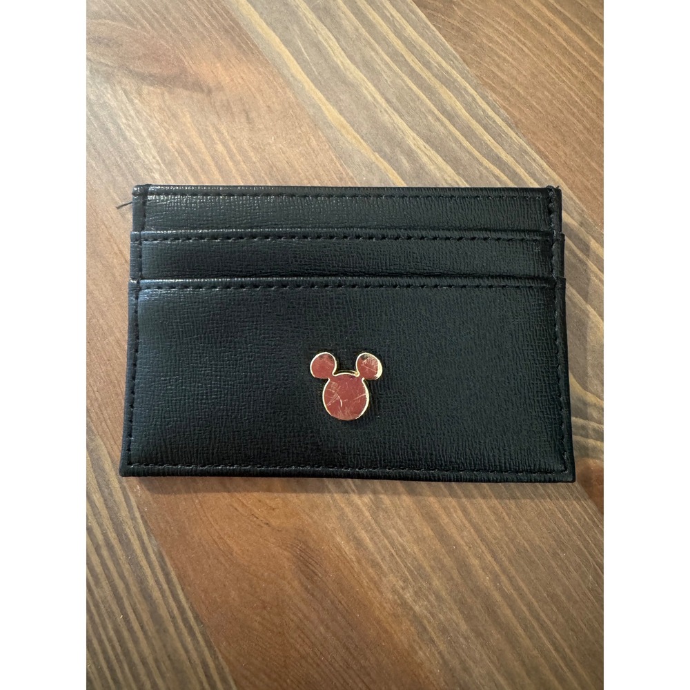 Disney Mickey Mouse Black Faux Leather Slim Card Holder Wallet Gold Tone Emblem